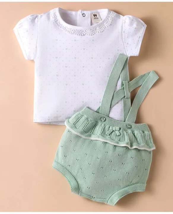 ToffyHouse Cotton Knit Half Sleeves T-Shirt & Dungaree Style Onesie With Frill Detailing - Light Green